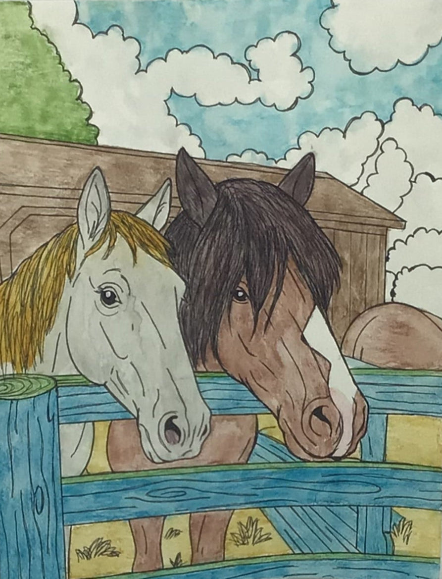 Two horses peering over a fence with a barn and trees in the background