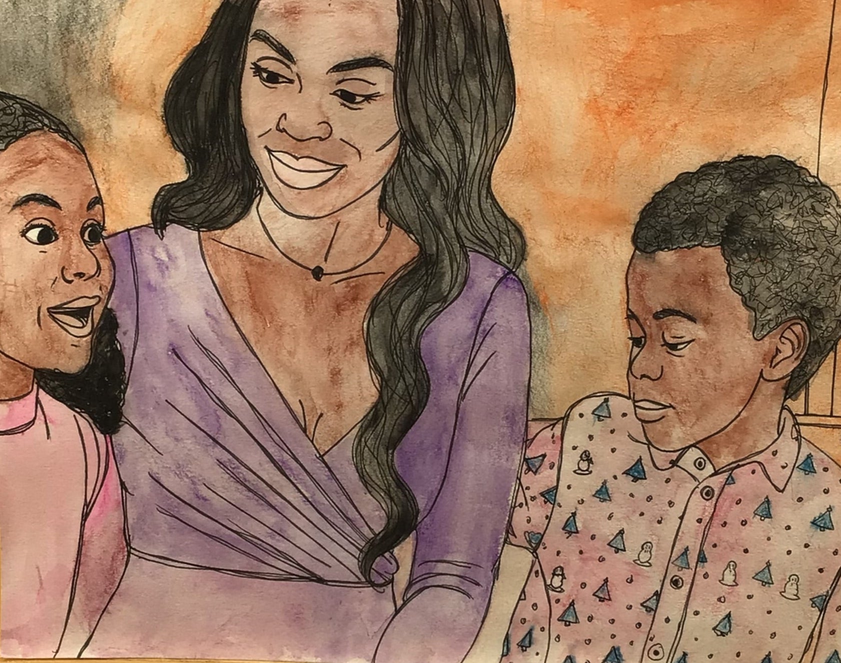 Illustration of a woman with two children on an orange background