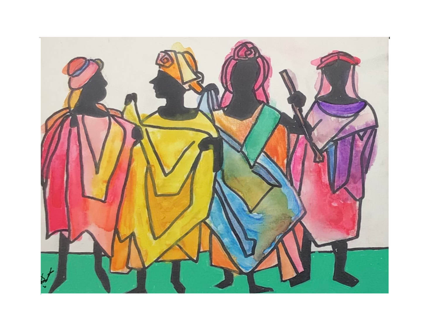 Colorful illustration of four figures in traditional attire on a white background