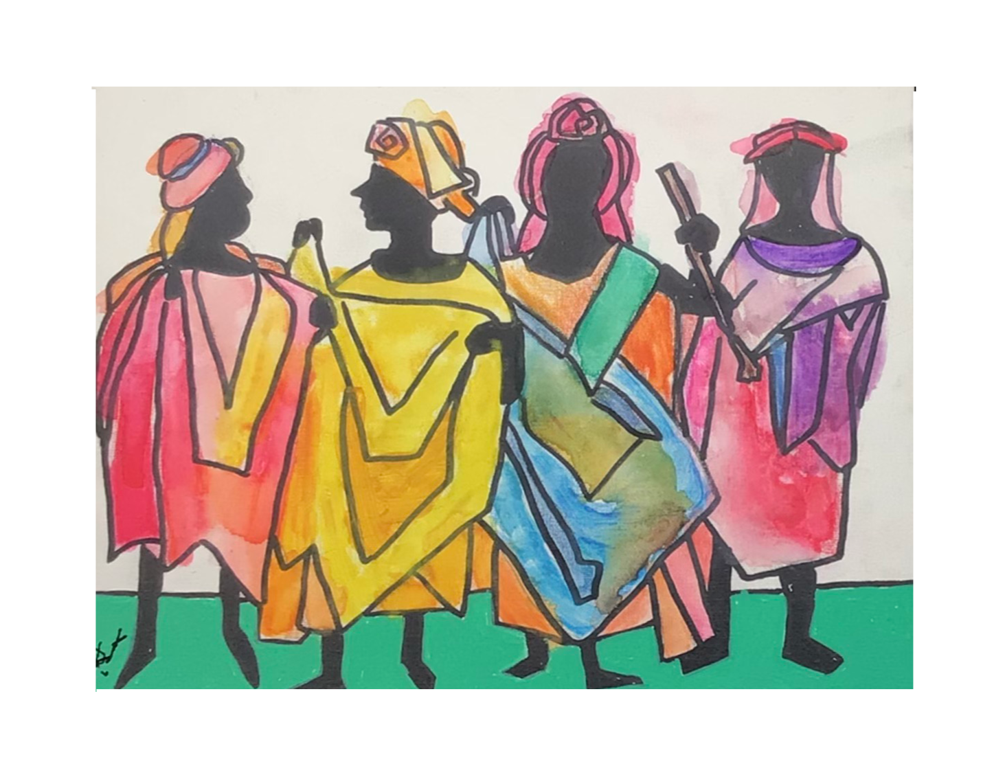 Colorful illustration of four figures in traditional attire on a white background