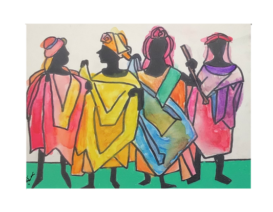 Colorful illustration of four figures in traditional attire on a white background