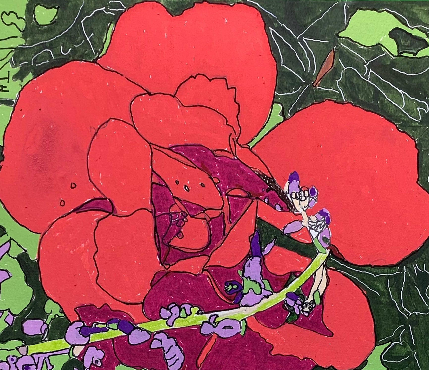 Artistic depiction of a red flower with green leaves on a textured surface.
