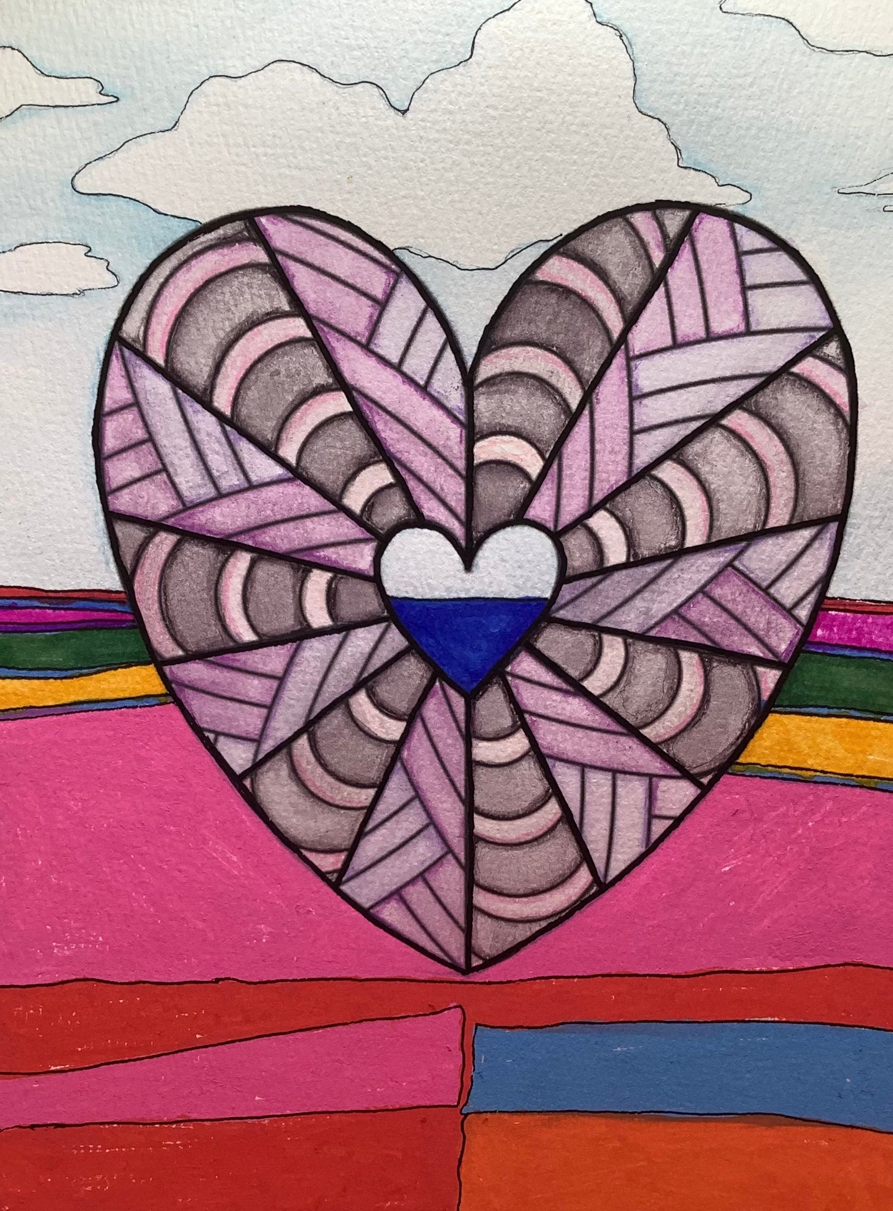 Colorful heart-shaped artwork with a patterned design on a colorful background