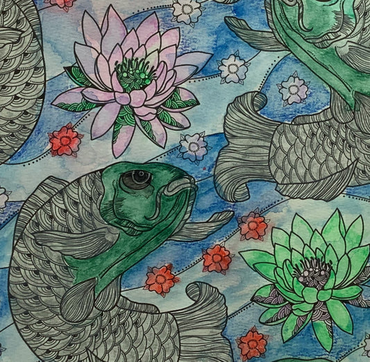 Decorative pillow with fish and lotus flower pattern on a white background