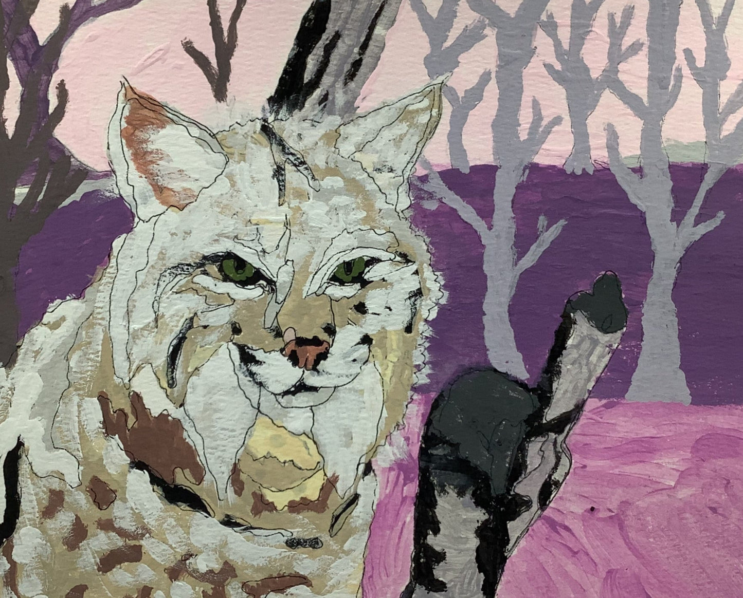 Canvas print of a lynx with a purple and pink forest background on a white background