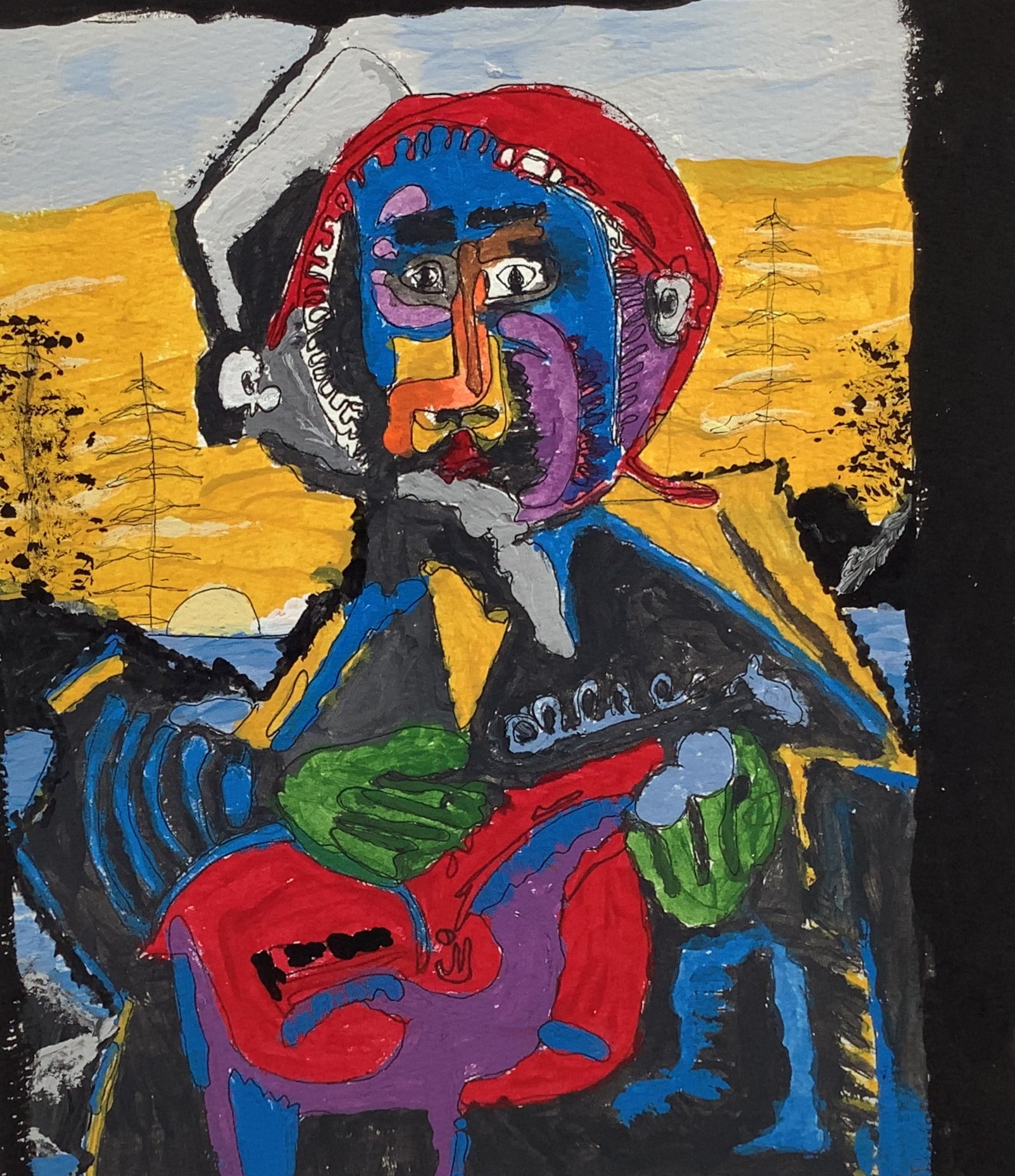 Colorful abstract painting of a figure with a landscape background