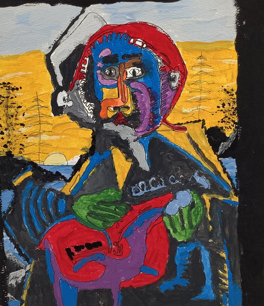 Colorful abstract painting of a figure with a landscape background