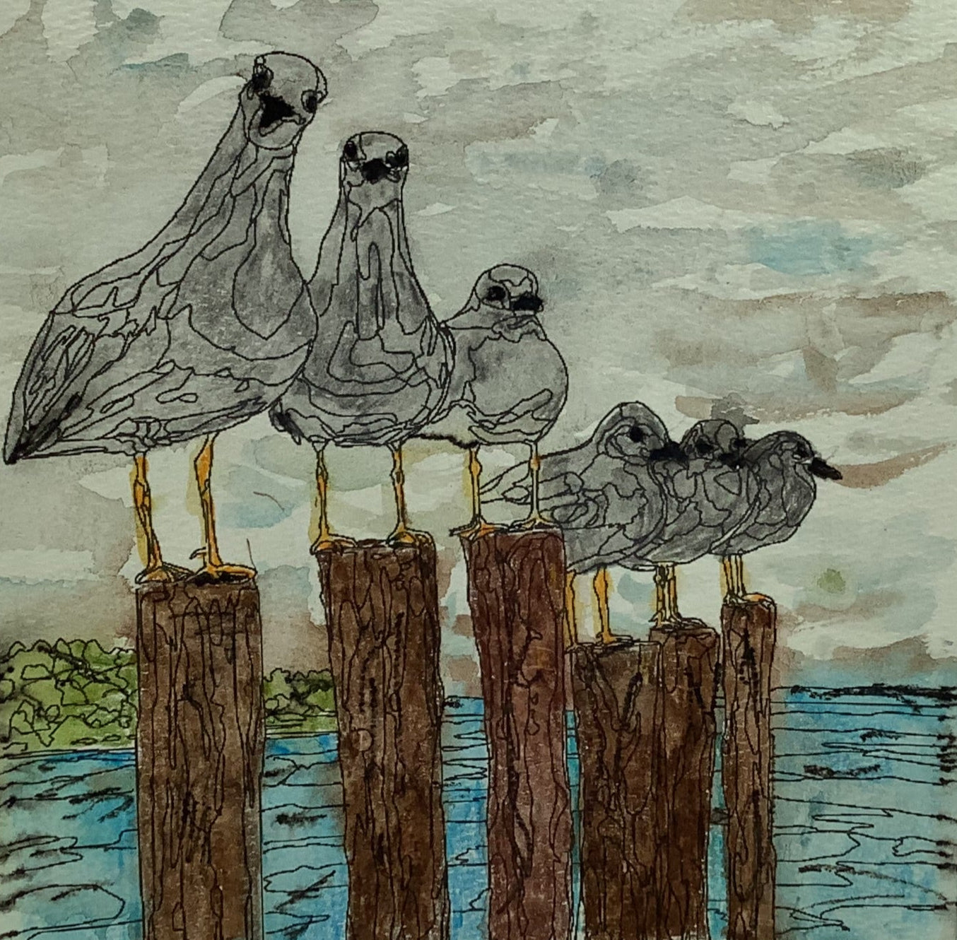 Illustration of birds perched on wooden posts with a watercolor background
