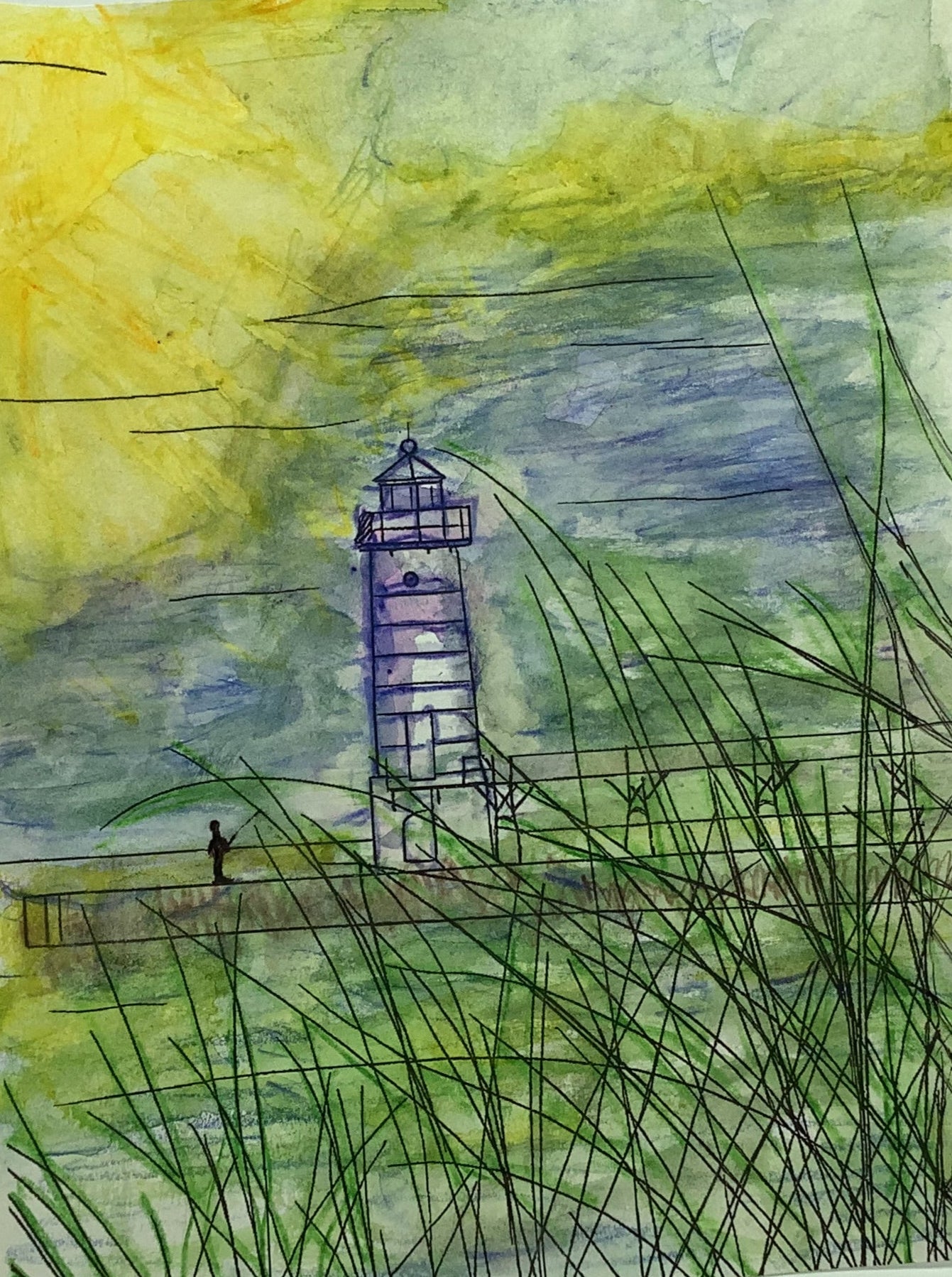 Artistic depiction of a lighthouse with grass and a yellow sky on a white background