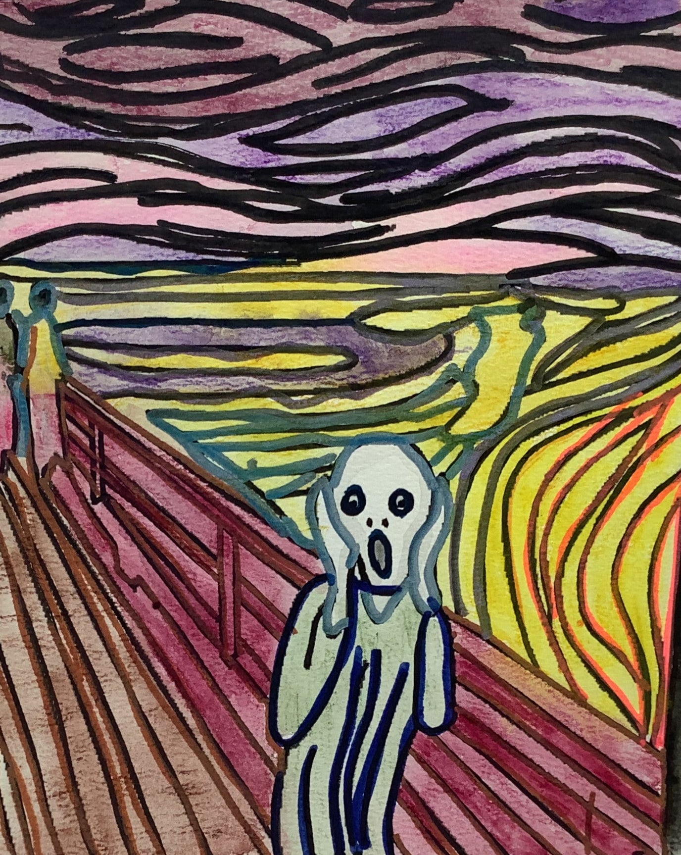 Colorful depiction of 'The Scream' by Edvard Munch on a white background