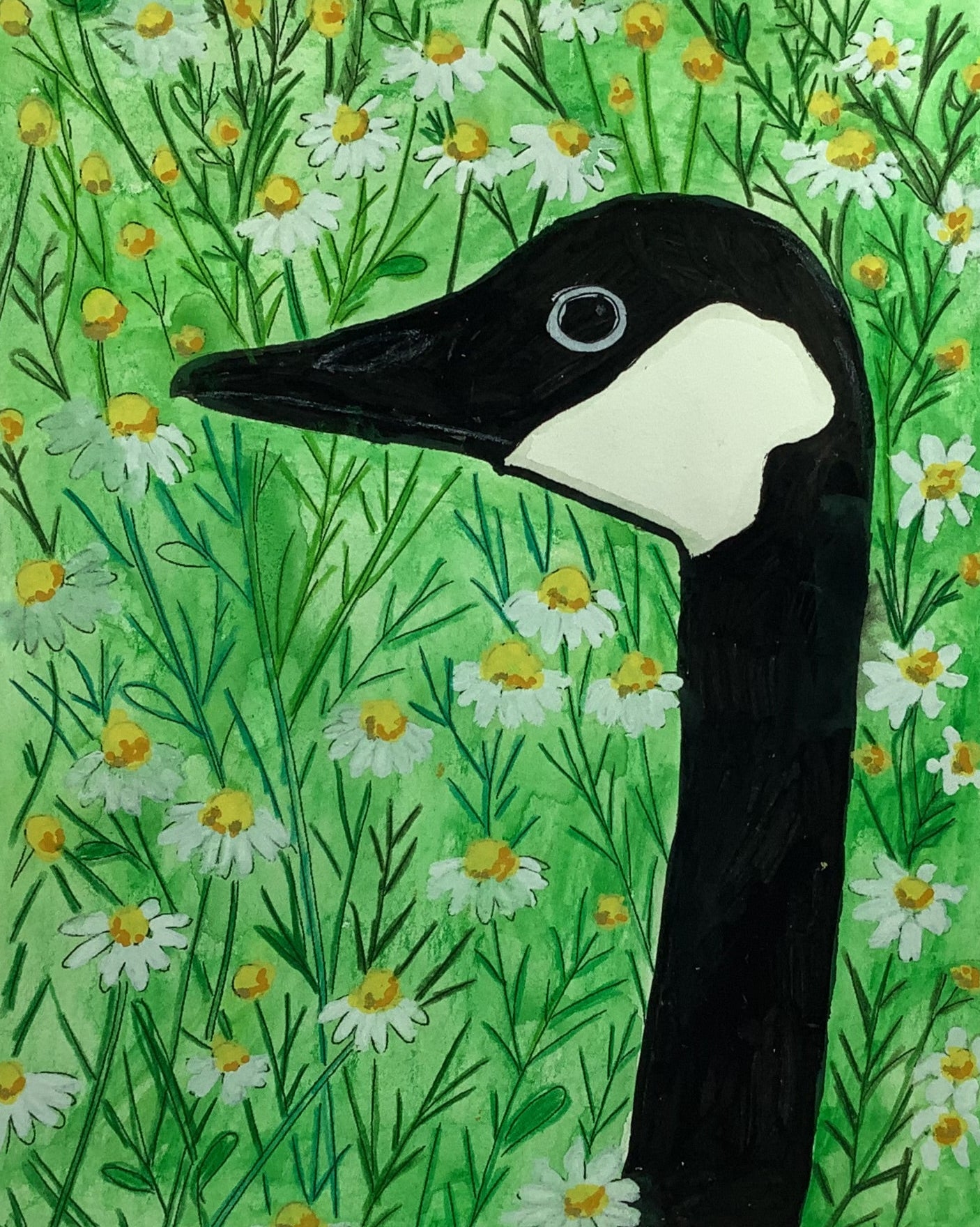 Painting of a goose head peeking from behind a green floral background
