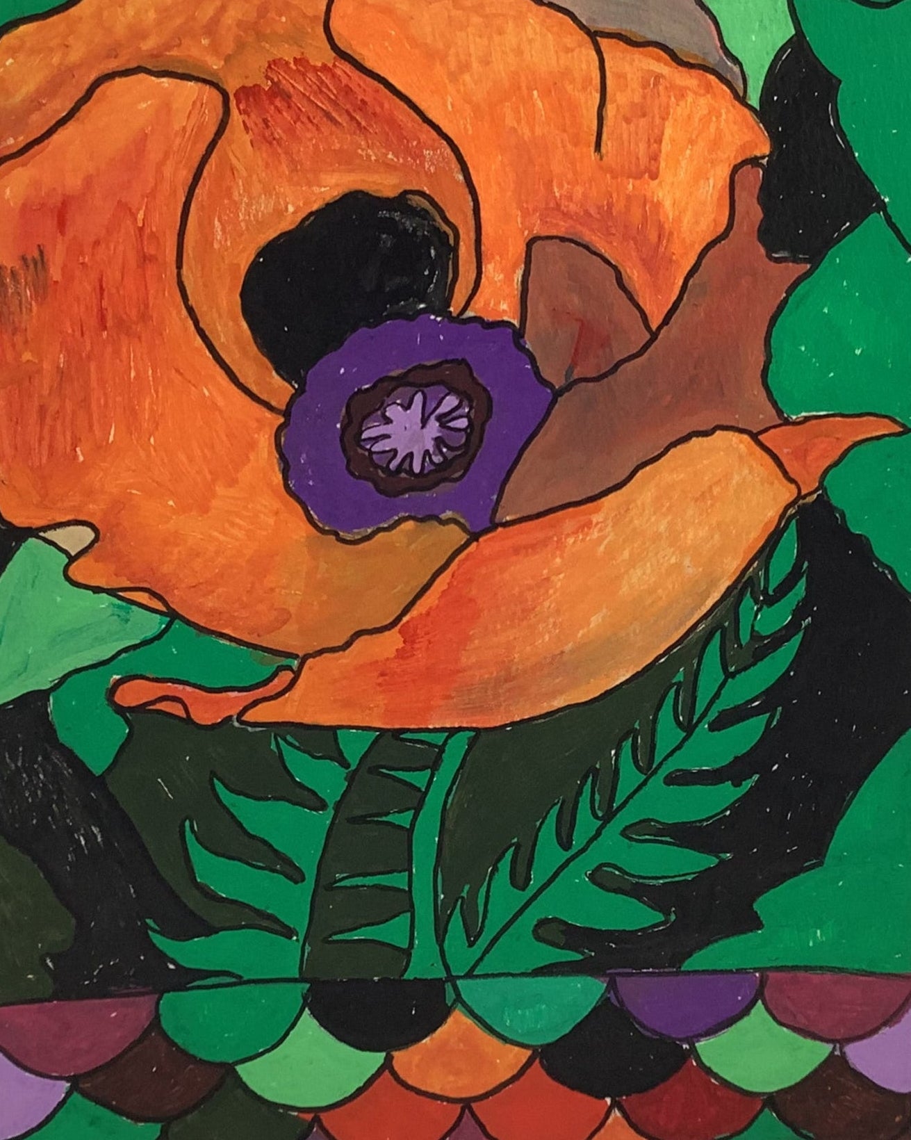 Colorful abstract painting of a flower on a white background