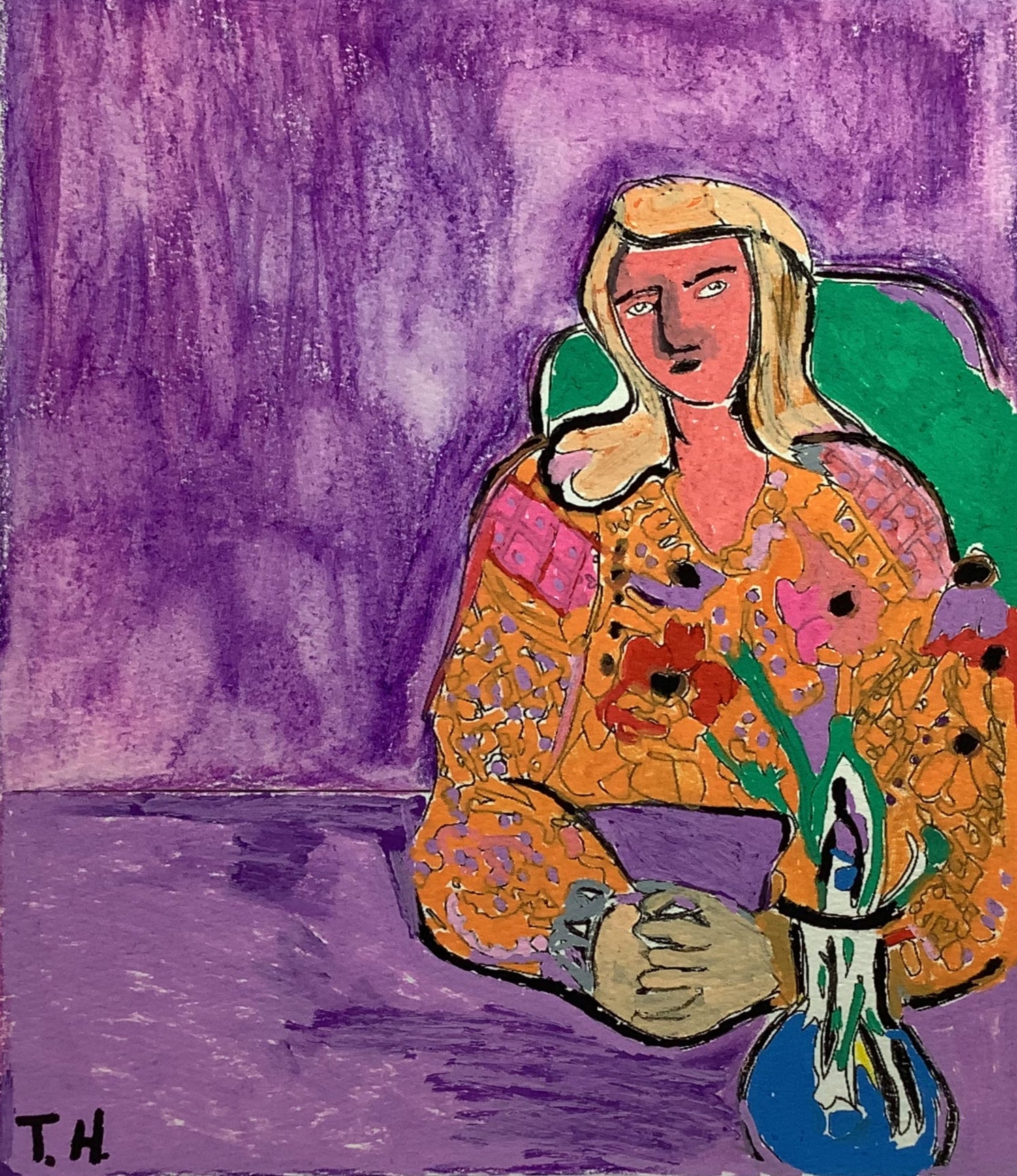 Painting of a woman with a guitar on a purple background