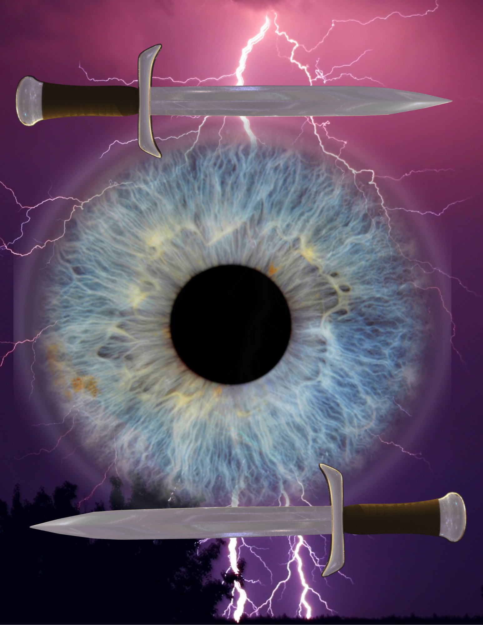 Two swords with wooden handles and metal blades on a purple background with an eye and lightning effects.